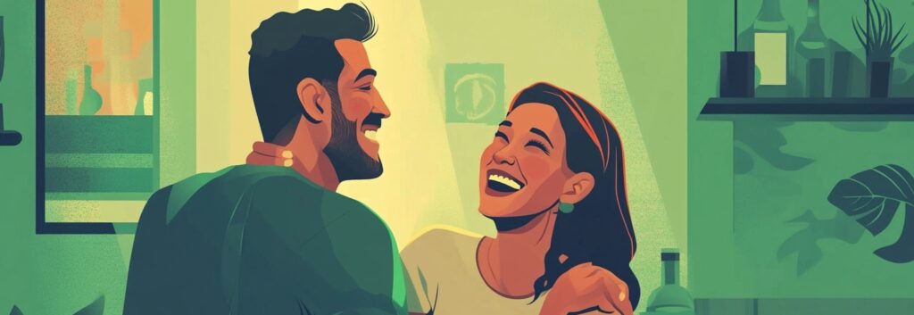 Mann und Frau sitzen in einer Wohnung und unterhalten sich beim Spielen des Paarspiels Lernt euch Kennen