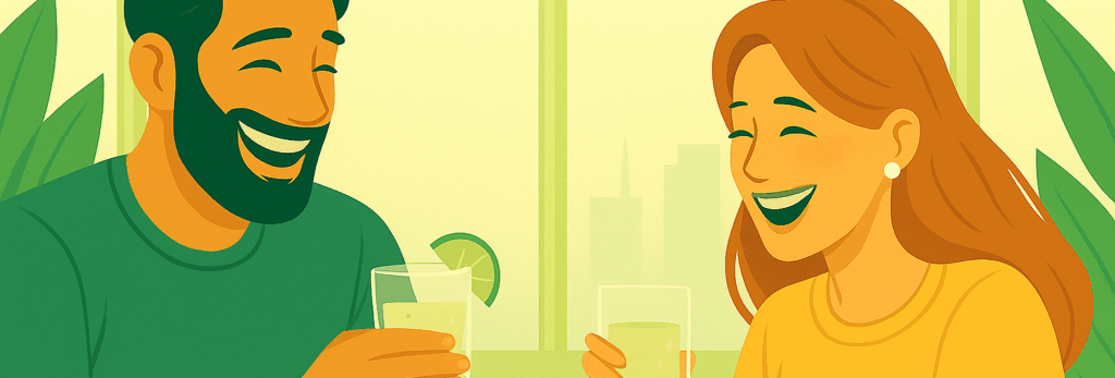 Mann und Frau sitzen in Wohnung und trinken ein Getränk während sie Sich über ihre Beziehung unterhalten und in tiefe Gespräche einsteigen