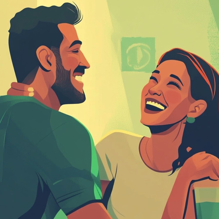 Mann und Frau lachen sich an beim Spielen eines Paarspiels